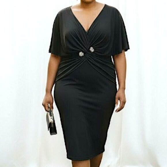 Adrianna Papell Black Ruched V-Neck Kimono Sleeve Lined Formal Dress Siz… - Picture 1 of 14